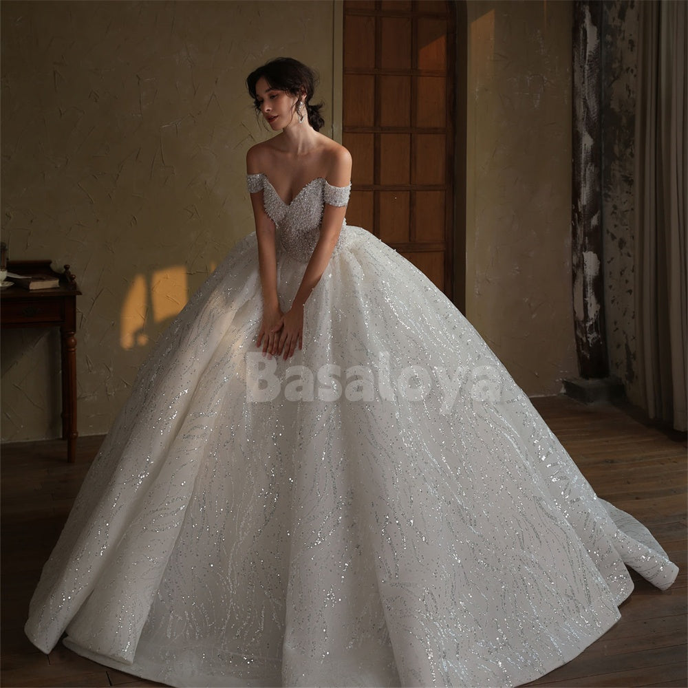 WD0051 Luxury White Pearls Off-Shoulder A-Line Sequins Wedding Dress