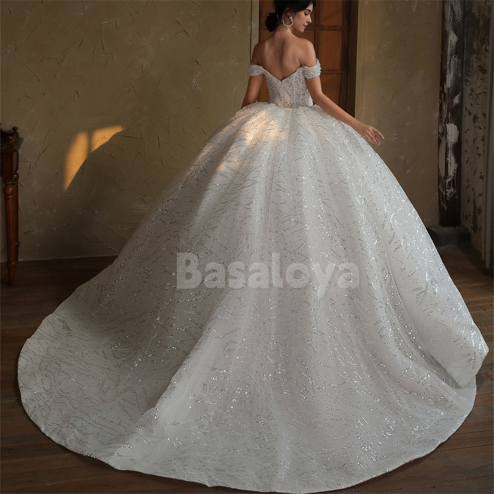 WD0051 Luxury White Pearls Off-Shoulder A-Line Sequins Wedding Dress
