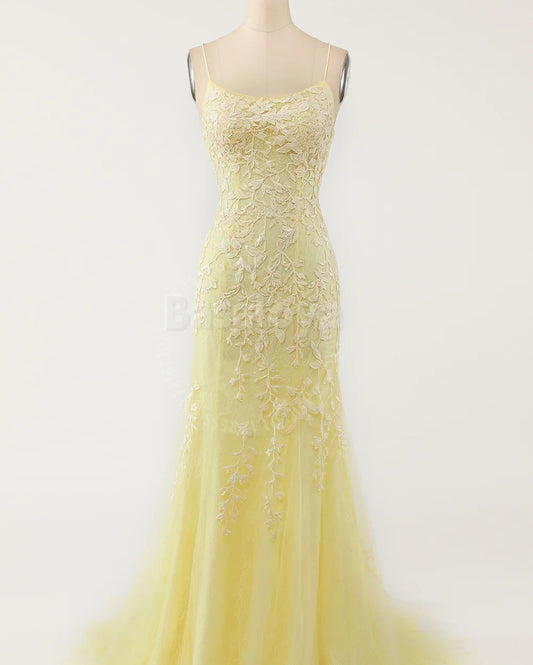 BM0001 Elegant Blue Spaghetti Straps Mermaid Lace Appliques Bridesmaid Dress