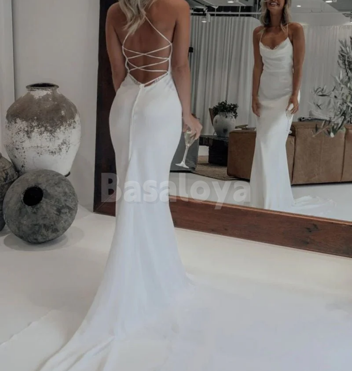 WD0073 Simple White Spaghetti Straps Mermaid Wedding Dress with Train