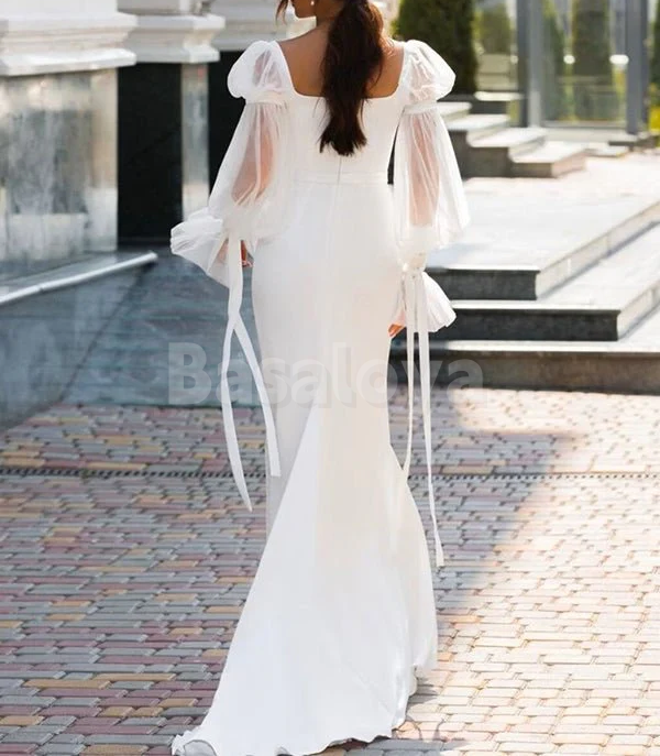WD0055 Elegant Long Puff Sleeves Mermaid Long Wedding Dress Bridal Gown