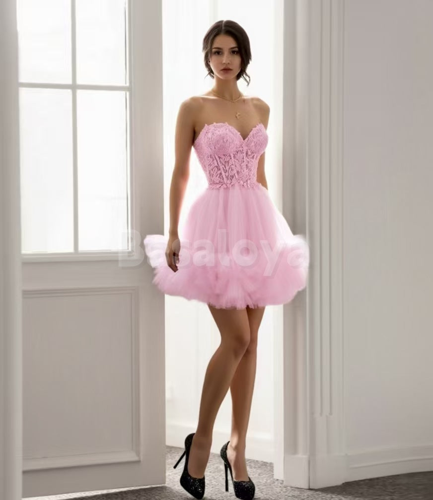 HM0047 Elegant Pink Sweetheart A-Line Lace Applique Homecoming Dress