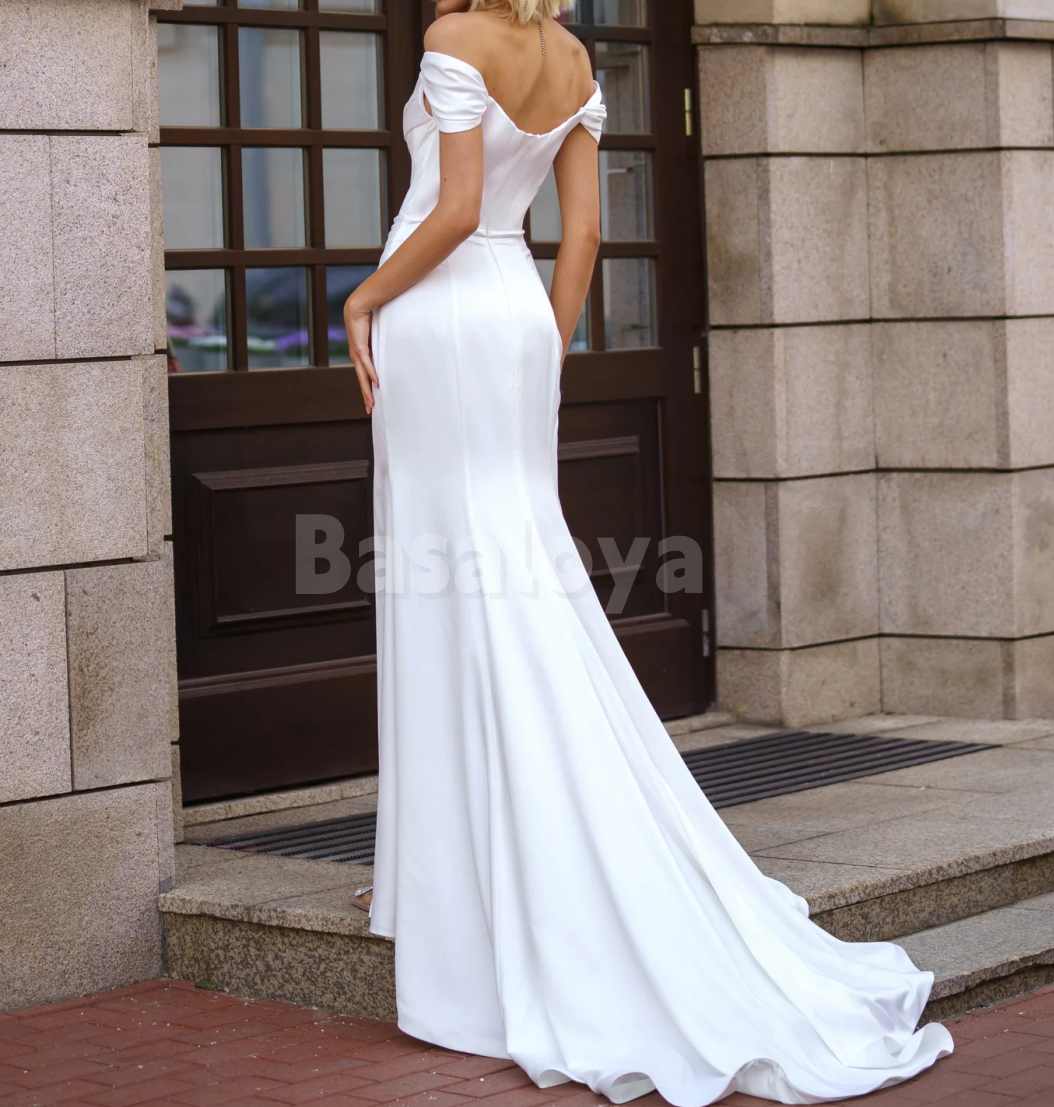WD0149 Simple White Off-Shoulder Side Slit Sheath Wedding Dress with Train