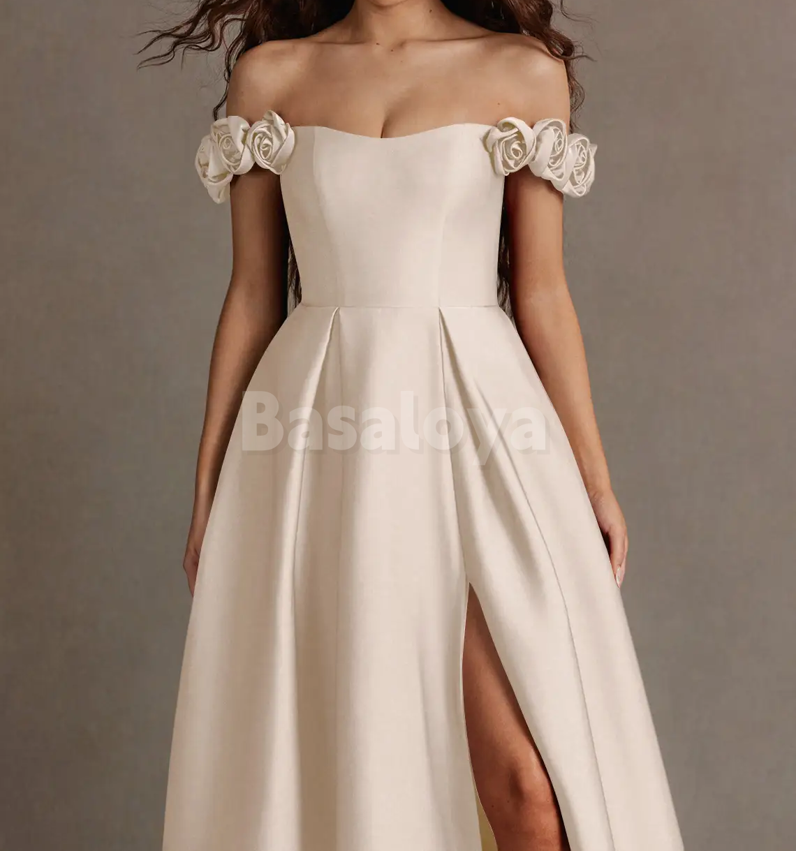SP0249 Graceful Cream 3D Floral Off Shoulder A-Line Prom Dress with Slit