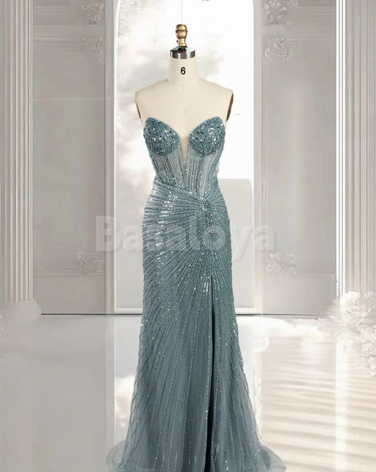ED0036 Sparkly Lake Blue Beaded Sweetheart Sheath Sequined Evening Dress
