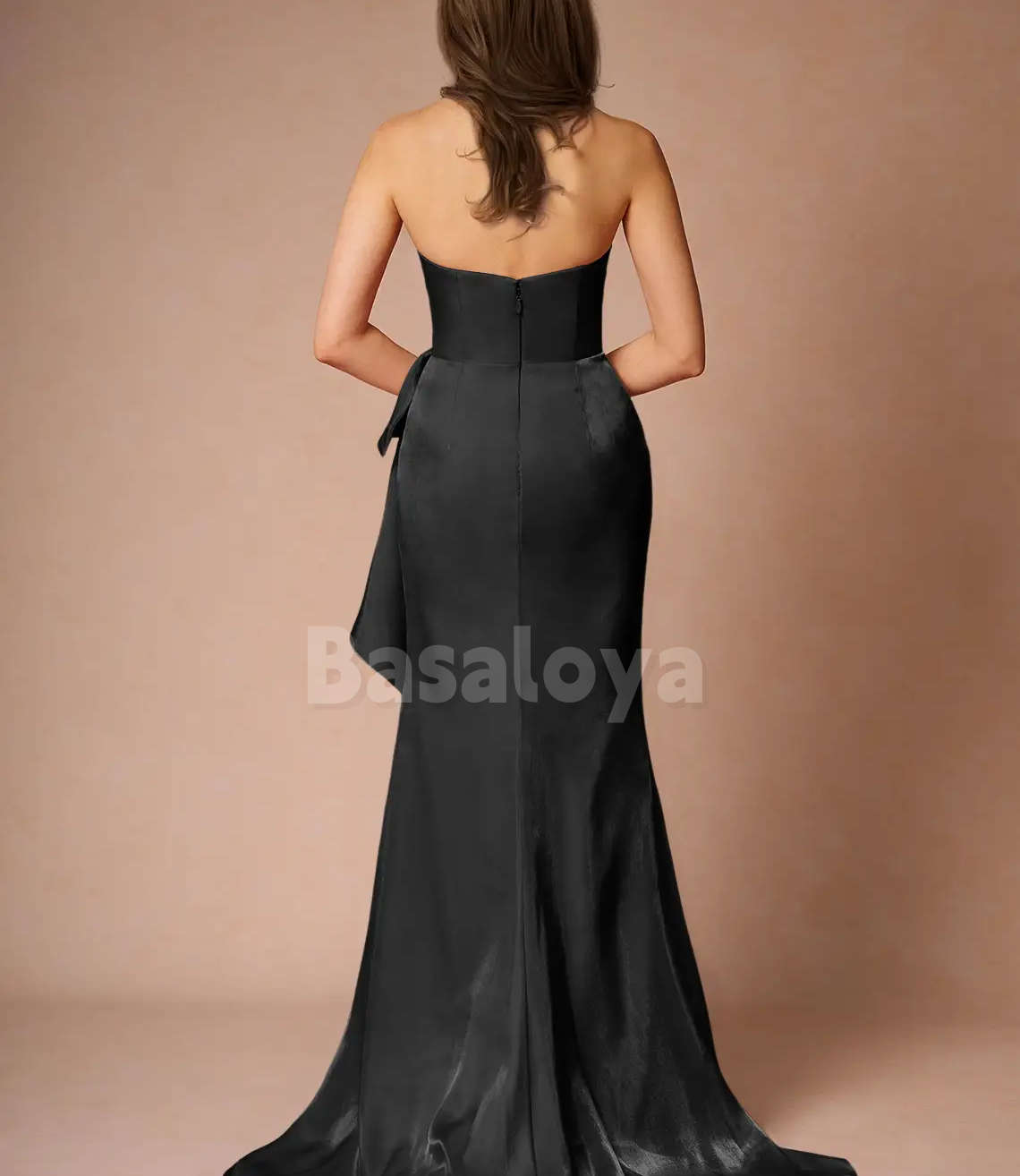 SP0263 Simple Black Tube Top Bodycon Pleated Prom Formal Gown with Train
