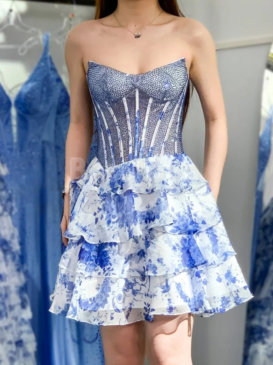 HM0051 Graceful Blue Printed A-Line Tiered Homecoming Dress with Beads