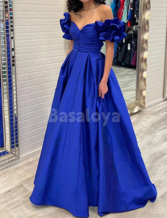 SP0232 Classic Royal Blue Off Shoulder A-Line Ruffles Prom Dress Party Gown