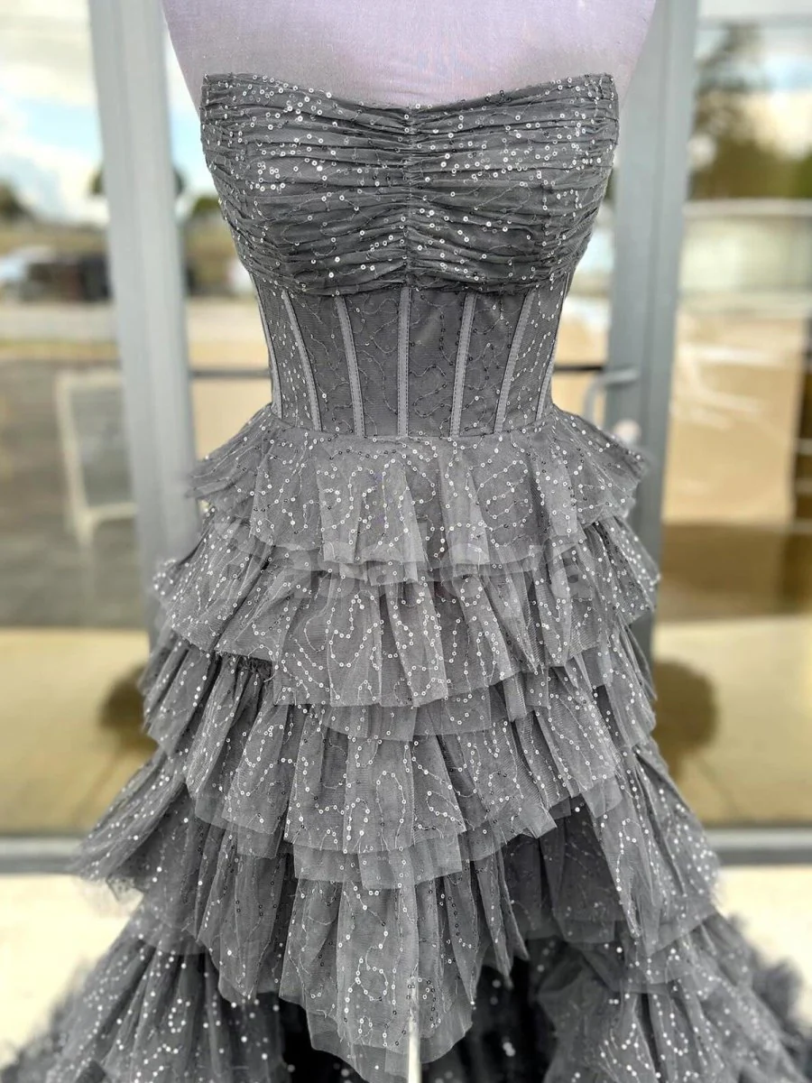 SP0212 Sparkly Black Strapless A-Line Tiered Glitter Evening Prom Dress