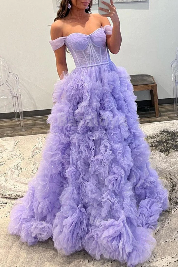 SP0193 Glamorous White Off-Shoulder A-Line Tiered Ball Gown Prom Dress