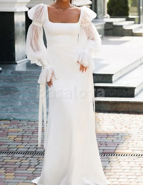 WD0055 Elegant Long Puff Sleeves Mermaid Long Wedding Dress Bridal Gown
