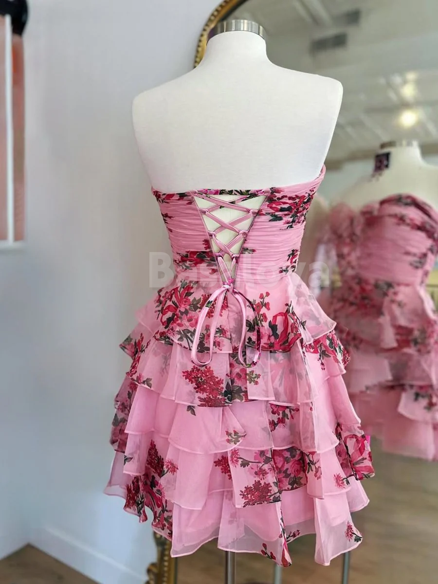HM0057 Gorgeous Pink Printed Sweetheart A-Line Tiered Party Dress with Bow