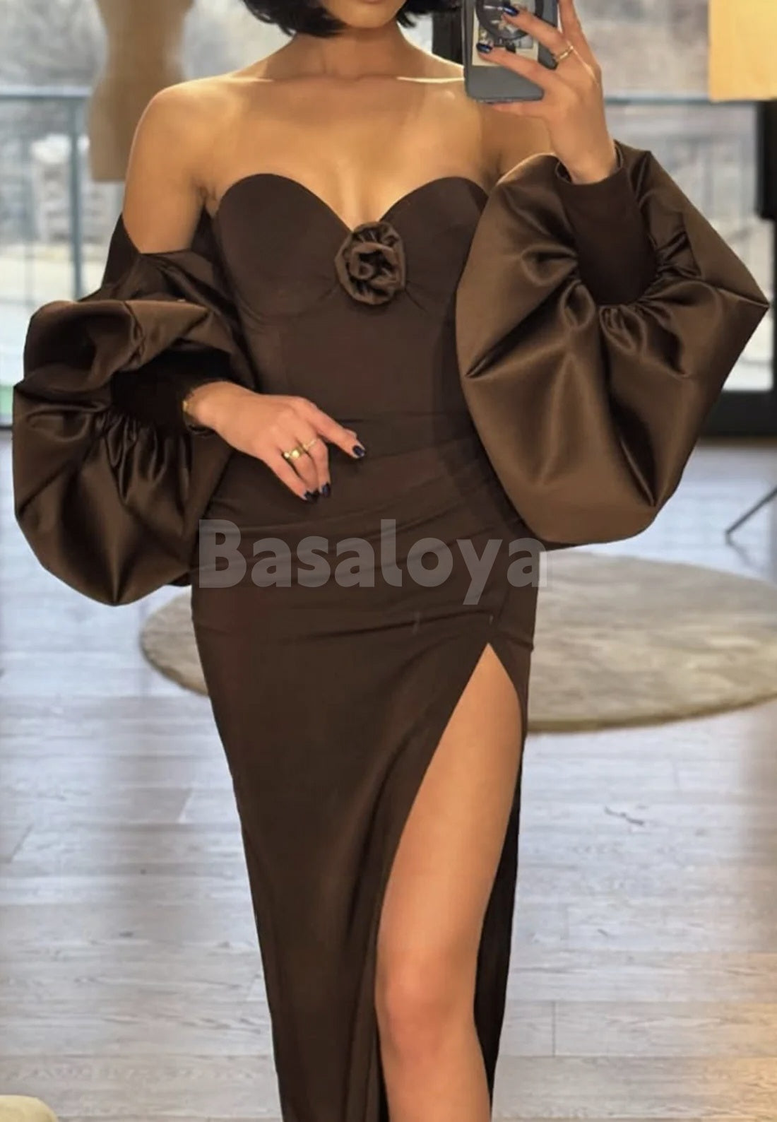 ED0095 Classic Brown 3D Floral Sweetheart Puff Sleeve Evening Gown with Slit