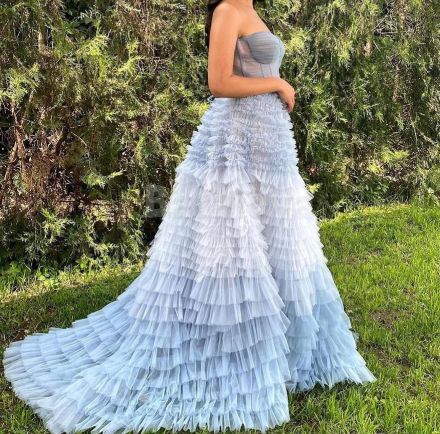 SP0186 Elegant Blue Sweetheart A-Line Tiered Lace Ball Gown Prom Dress
