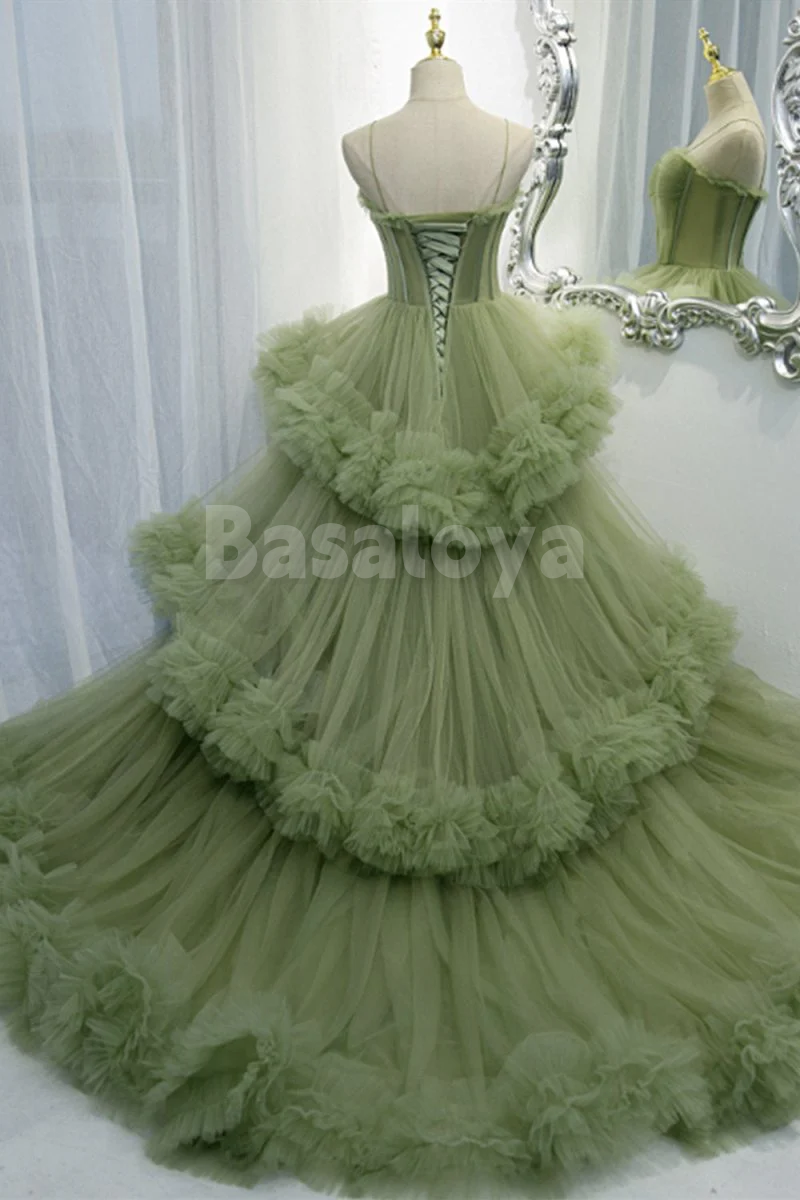 SP0165 Luxury Sage Green Sweetheart A-Line Tiered Ball Gown Prom Dress
