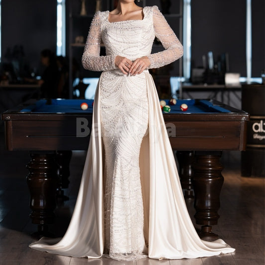 ED0010 Elegant Pearls Square Neck Long Sleeve Mermaid Evening Dress with Overskirt