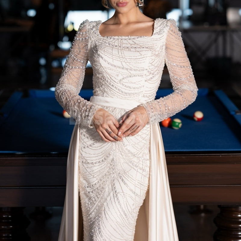 ED0010 Elegant Pearls Square Neck Long Sleeve Mermaid Evening Dress with Overskirt