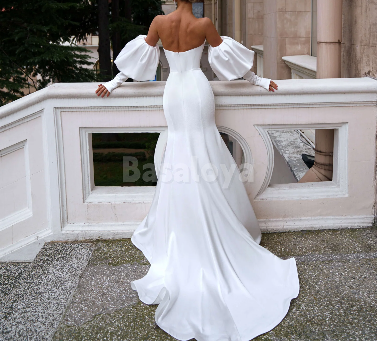 WD0141 Elegant White Long Sleeves Strapless Sheath Wedding Dress with Train