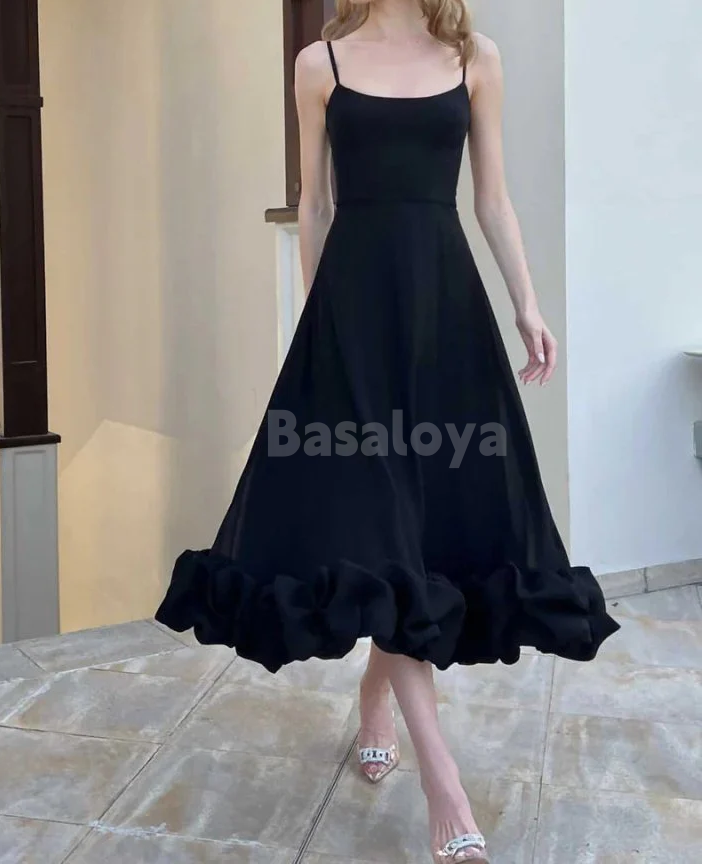 SP0223 Elegant White Spaghetti Straps A-Line Midi Prom Dress with Ruffles