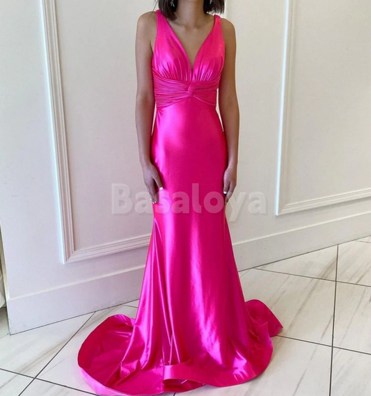 SP0236 Classic Fuchsia V-Neck Mermaid Satin Long Prom Party Gown with Train