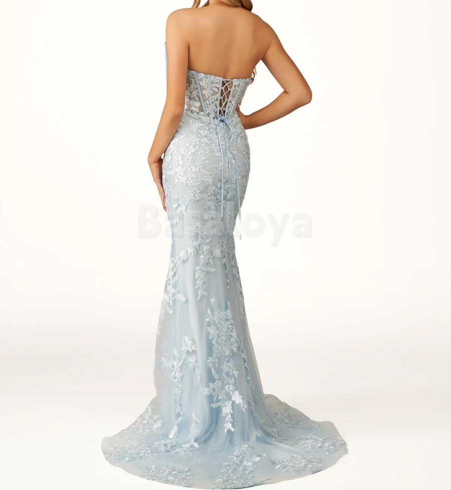 SP0177 Graceful Blue Strapless Mermaid Lace Appliques Prom Dress with Bow