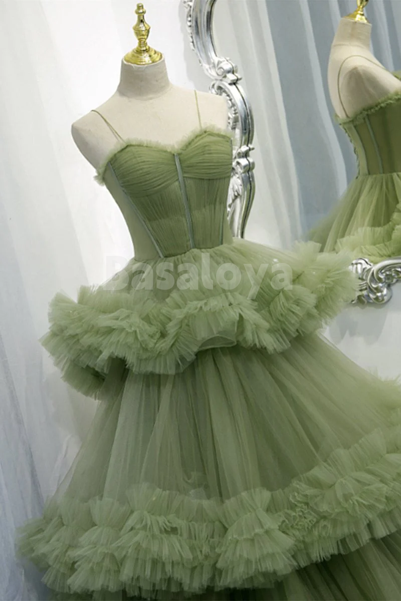 SP0165 Luxury Sage Green Sweetheart A-Line Tiered Ball Gown Prom Dress
