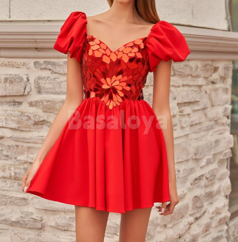 HM0102 Classic Red Puff Sleeves A-Line Beaded Mini Homecoming Dress