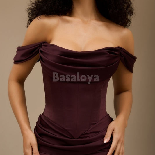 SP0052 Classic Cabernet Off Shoulder Mermaid Satin Formal Prom Dress