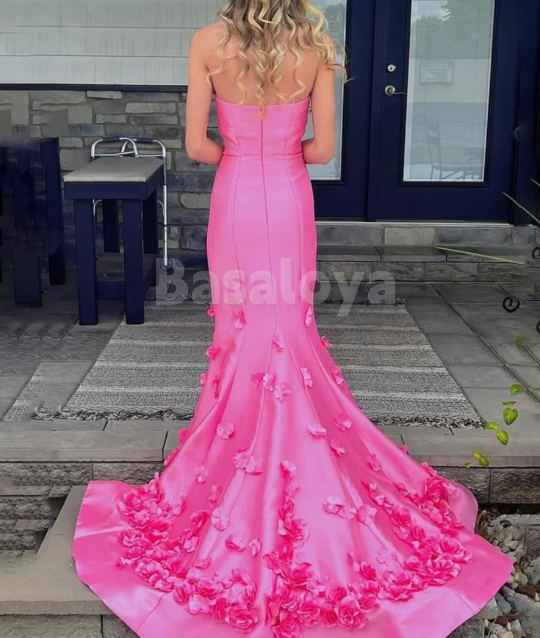 SP0197 Elegant 3D Floral Pink Strapless Mermaid Prom Dress with Train