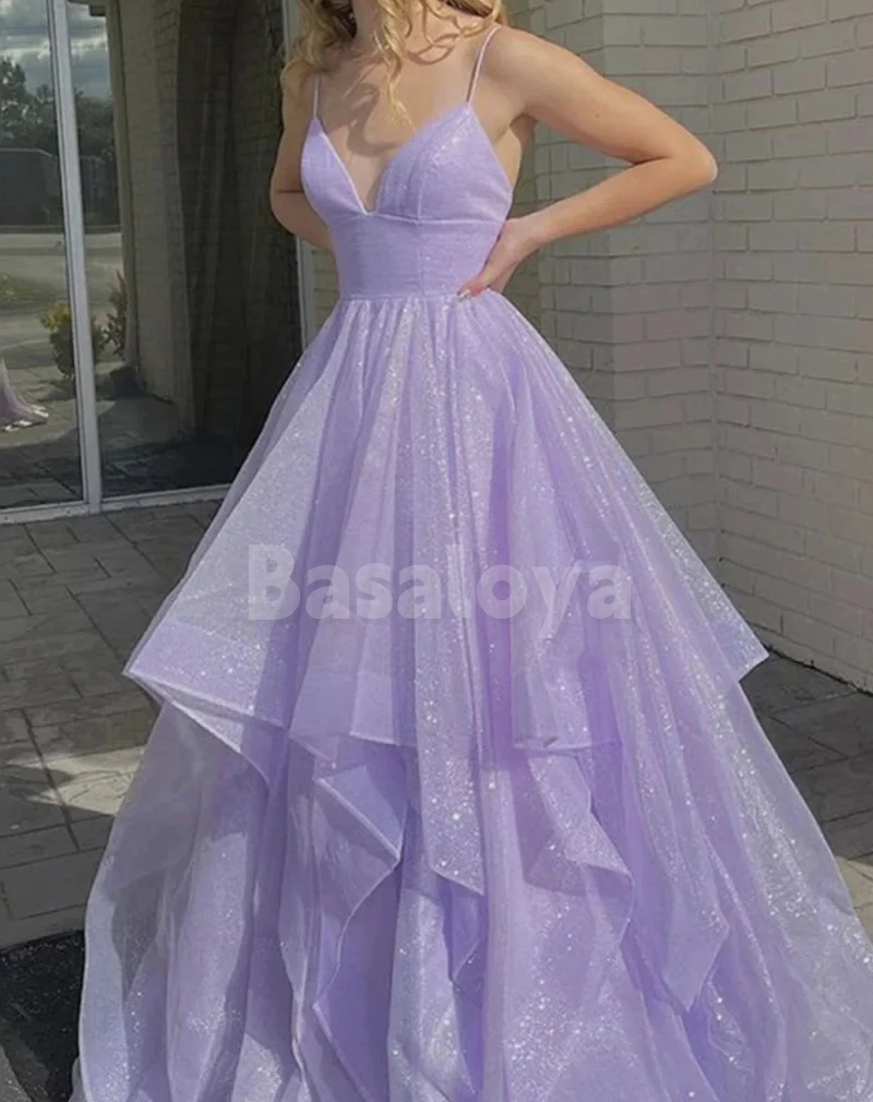 SP0220 Elegant Lilac Spaghetti Straps A-Line Tiered Glitter Party Prom Dress