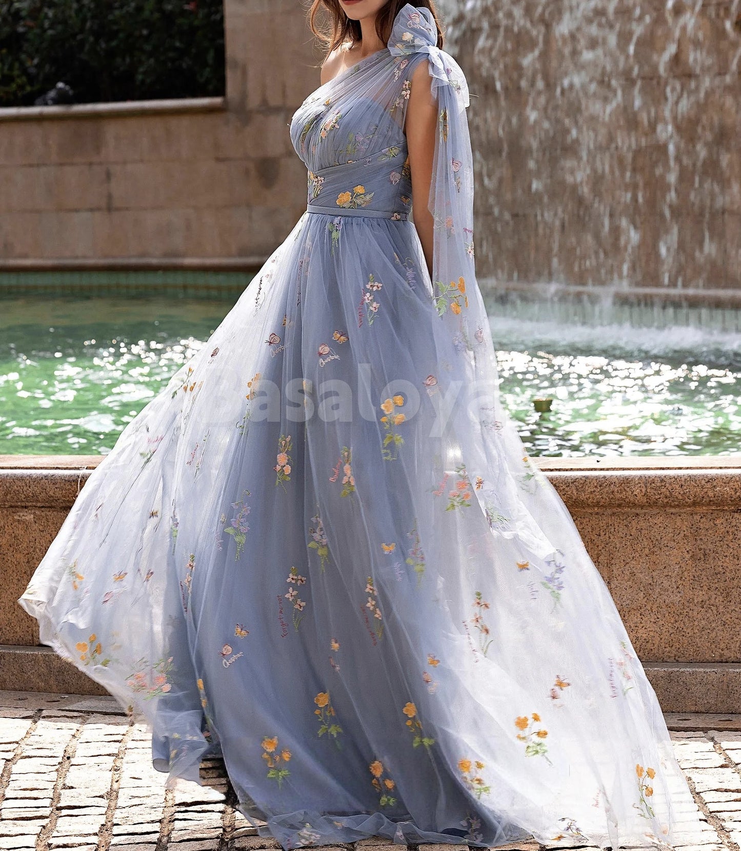 ED0119 Elegant Blue Printed Flower A-Line One Shoulder Evening Gowns