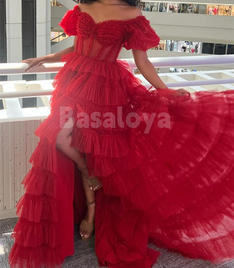 SP0194 Elegant Orange Sweetheart A-Line Puff Sleeves Tiered Prom Dress