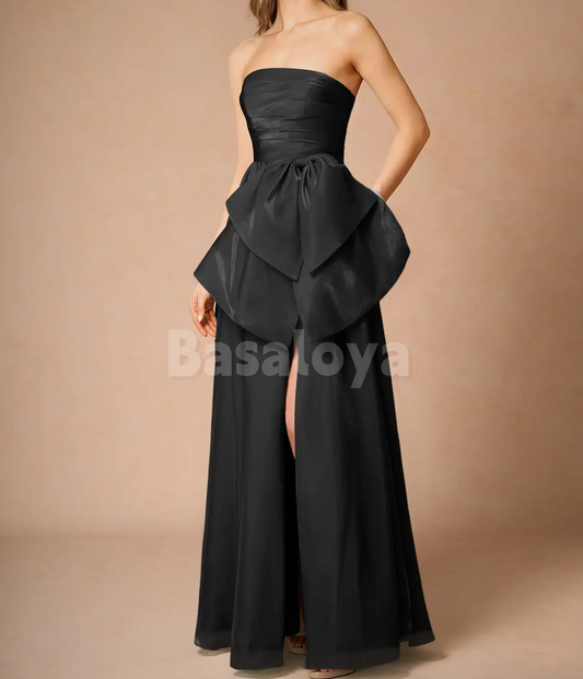 SP0280 Simple Black Tube Top A-Line Bow Prom Dress with Slit Party Gown