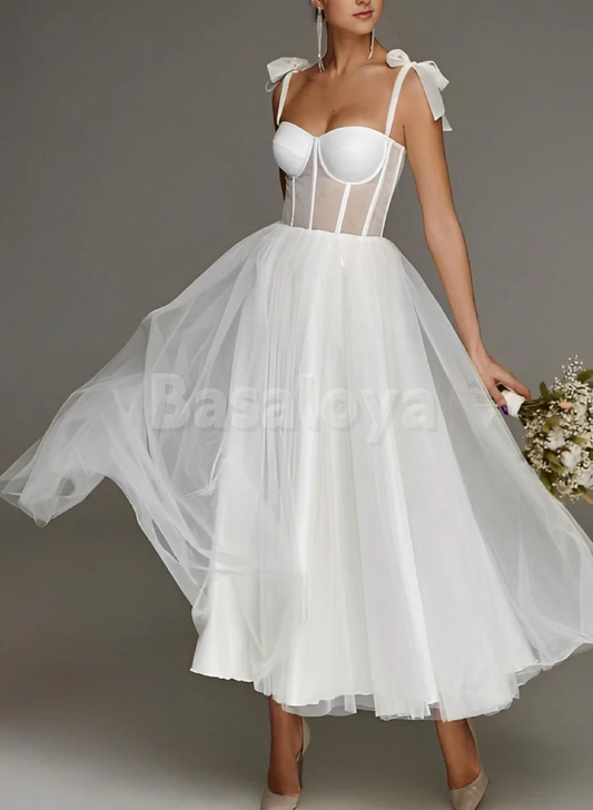 WD0057 Elegant White Sweetheart A-Line Pleats Midi Wedding Dress with Bows