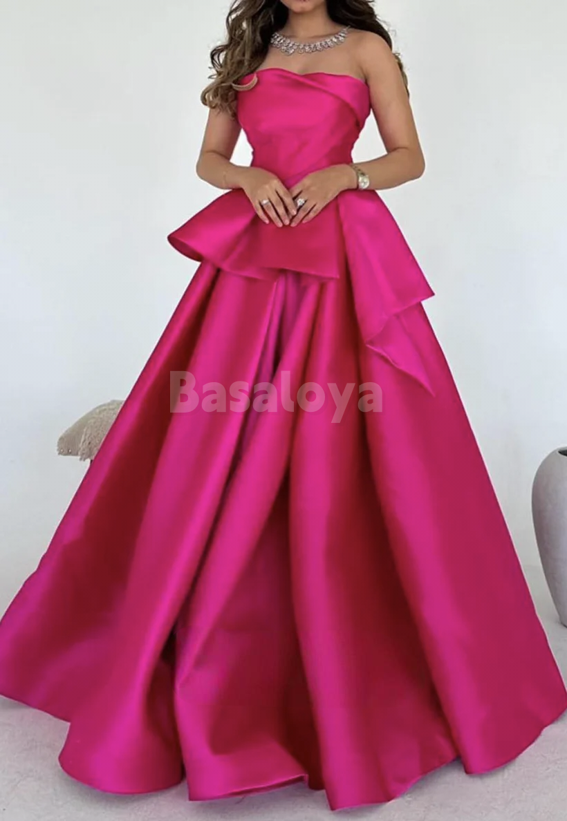 SP0084 Elegant Fuchsia Tube Top A-Line Pleated Satin Ball Gown Prom Dress