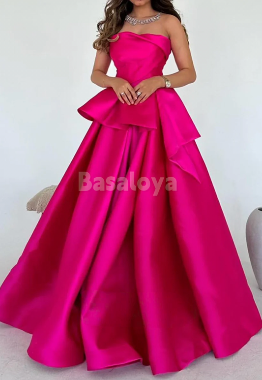 SP0084 Elegant Fuchsia Tube Top A-Line Pleated Satin Ball Gown Prom Dress