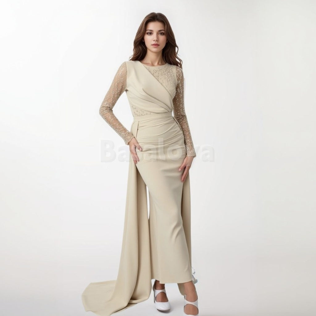 ED0009 Elegant Pearls Beige Long Sleeves Sheath Satin Evening Dress with Overskirt