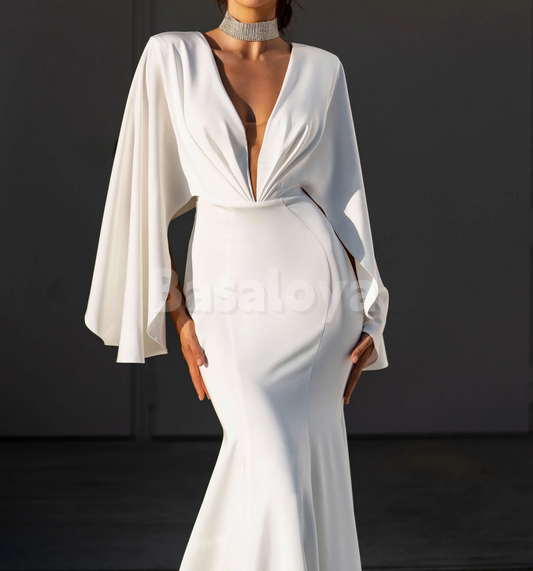 WD0154 Chic White V-Neck Cape Sleeve Mermaid Wedding Dress with Train