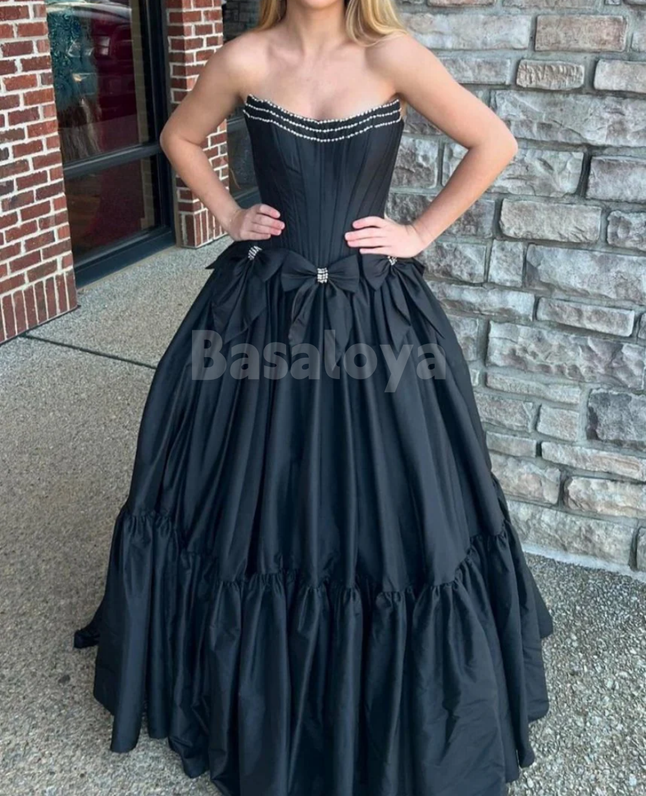 SP0172 Elegant Fuchsia Beaded Strapless A-Line Ball Gown with Bow Prom Dress