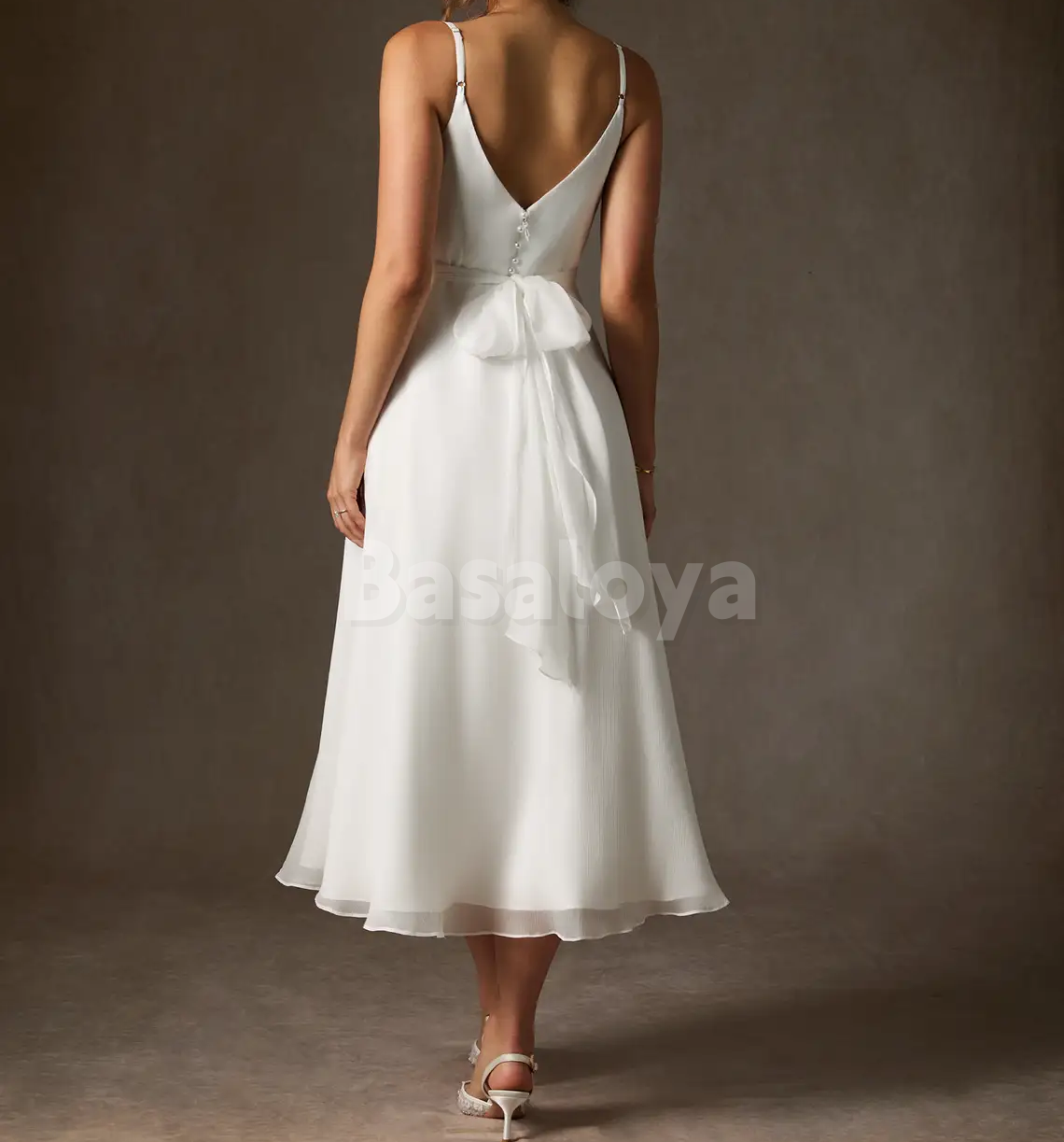 WD0130 Simple White V-Neck Spaghetti Straps A-Line Midi Wedding Dress