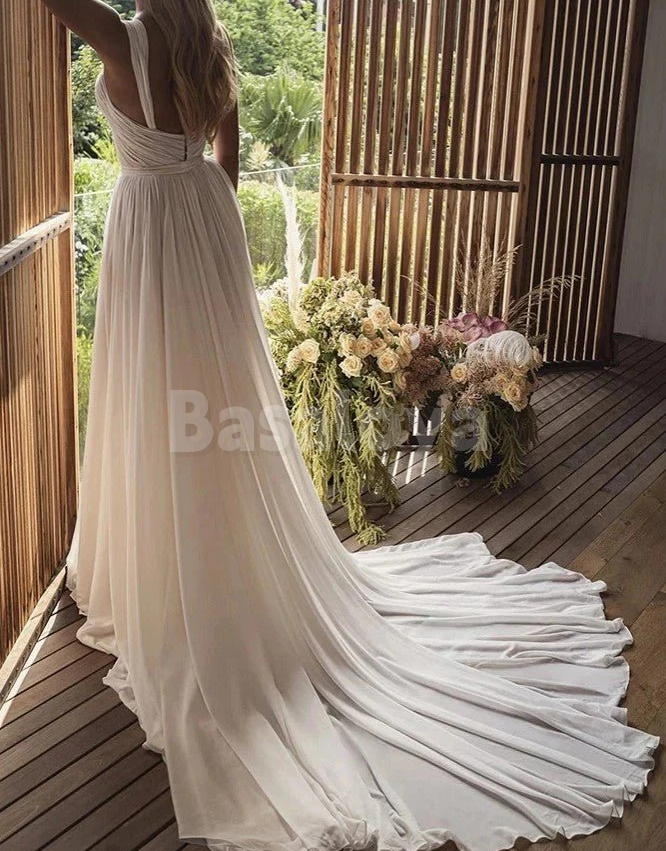 WD0082 Classic White A-Line Side Slit Pleats Wedding Dress with Train
