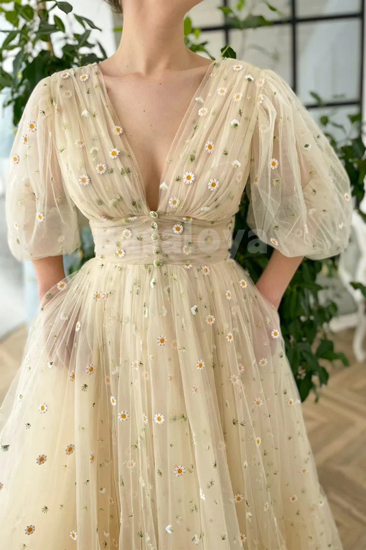 SP0200 Gorgeous Champagne A-Line V-Neck Half Sleeves Prom Dress