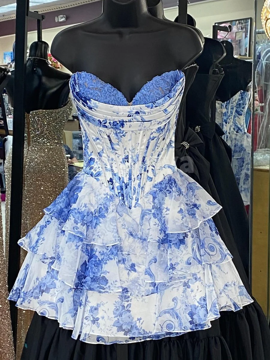 HM0007 Graceful Blue Printed Sweetheart A-Line Tiered Homecoming Dress