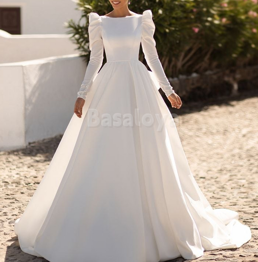 WD0027 Elegant Long Sleeves Scoop Neck A-Line Wedding Dress with Bow Train