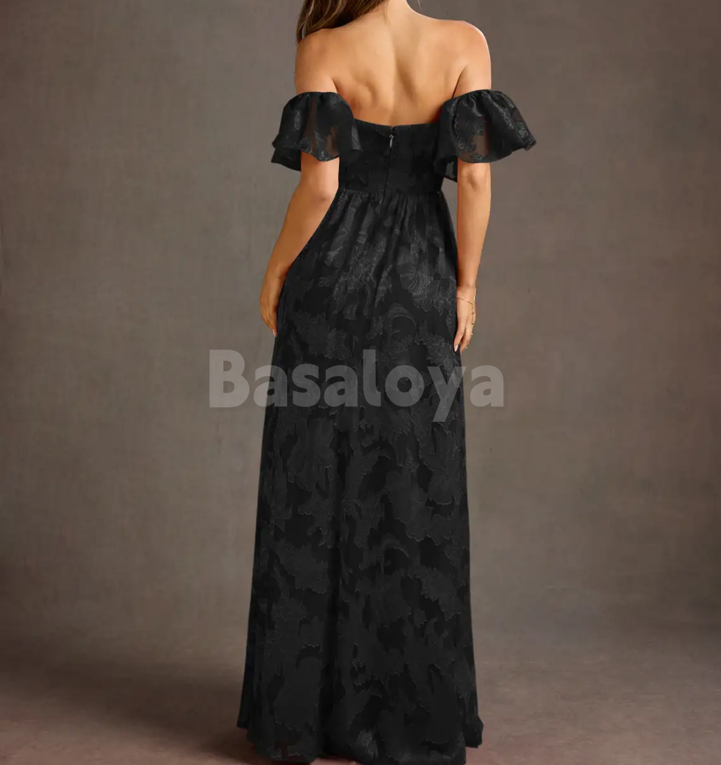 SP0245 Gorgeous Black A-Line Short Sleeves Pleats Prom Formal Dress with Slit