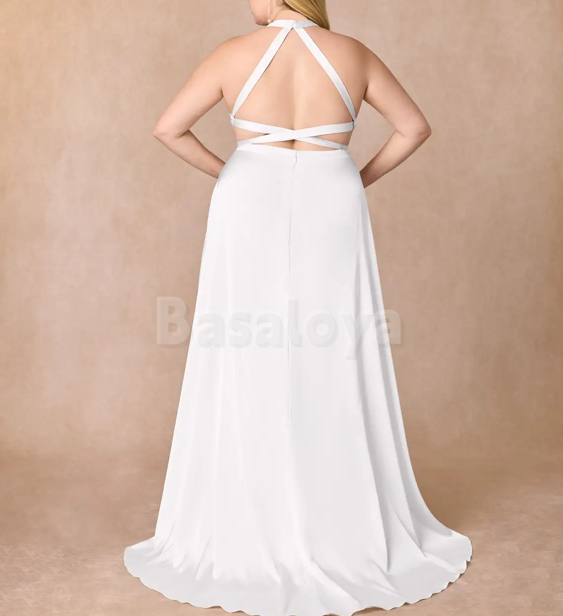 WD0111 Simple White Halter Neck A-Line Wedding Gown with Slit Bridal Gown