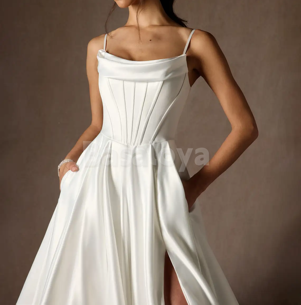 WD0088 Elegant White Strapless A-Line Side Slit Wedding Dress with Train