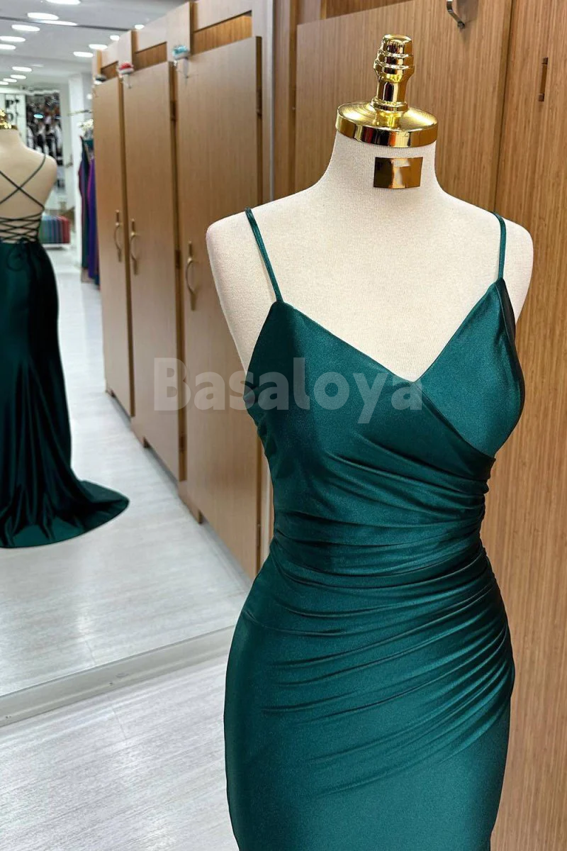 SP0174 Simple Green Spaghetti Straps V-Neck Sheath Prom Formal Gowns