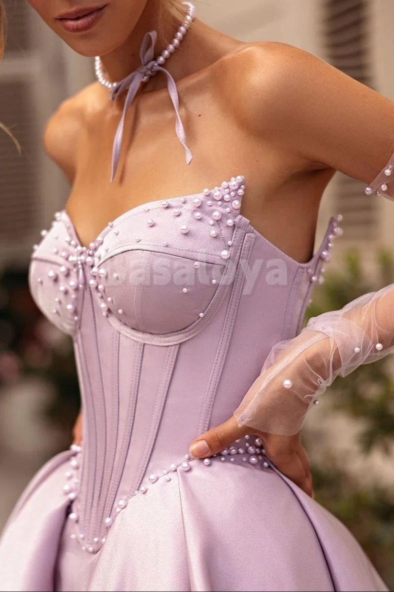 SP0144 Elegant Pearls Lilac Long Sleeves A-Line Prom Dress with Slit