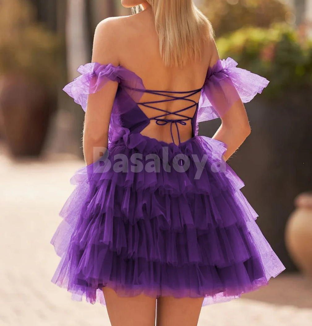 HM0036 Graceful Purple Off-Shoulder A-Line Tiered Lace Homecoming Gown
